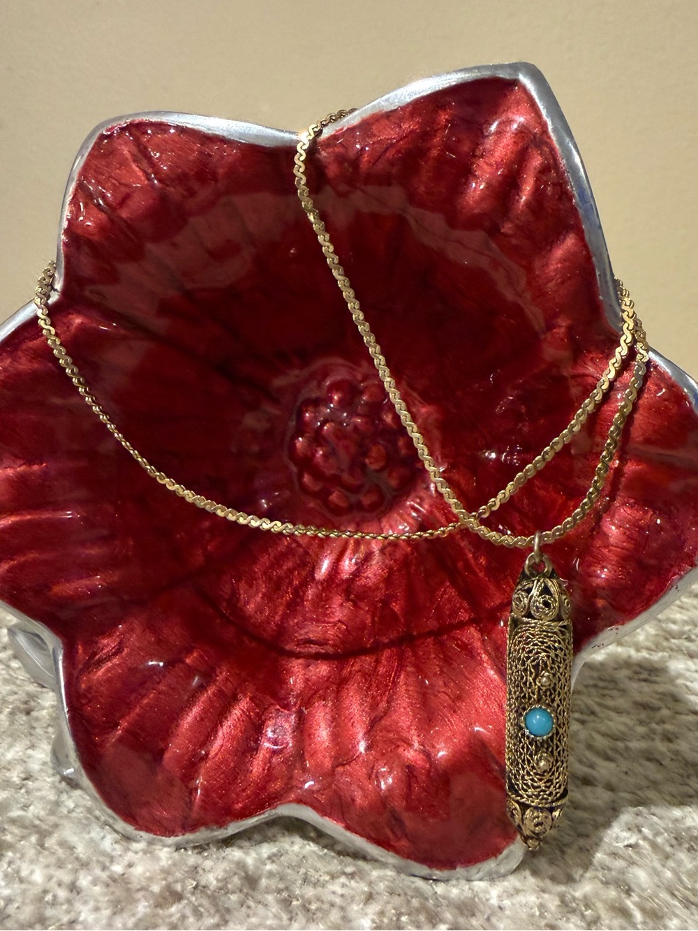 Vintage Jerusalem 935 Silver Filigree Mezuzah Pendant Necklace Turquoise